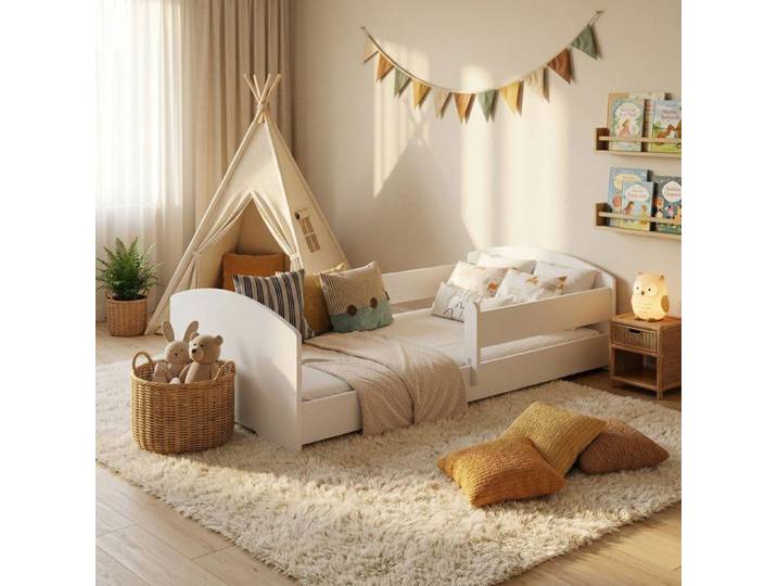 Lit enfant 80x160 cm Montessori – Sommier inclus – Barrière de sécurité – Lit au sol – Blanc LEO