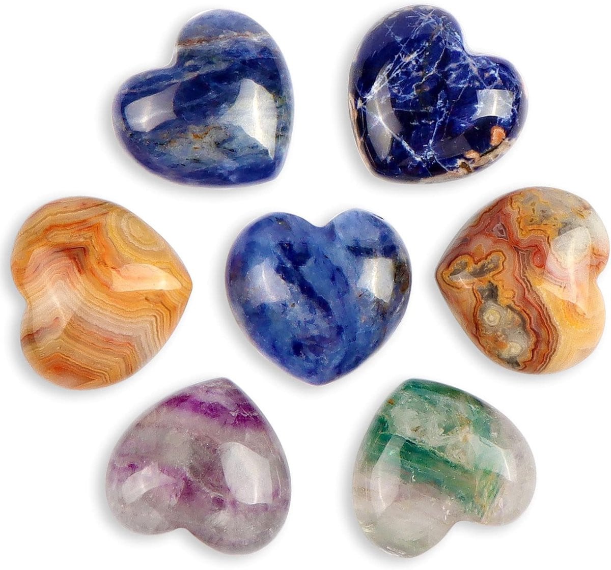 Set van 7 handgesneden kristallen harten in multicolor voor meditatie en decoratie