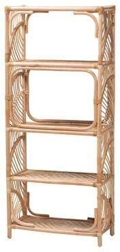 bali & pari Baara Natural Rattan 4-Tier Display Shelf - Handcrafted Bookcase with Openwork Side Panels, Boho Coastal Design