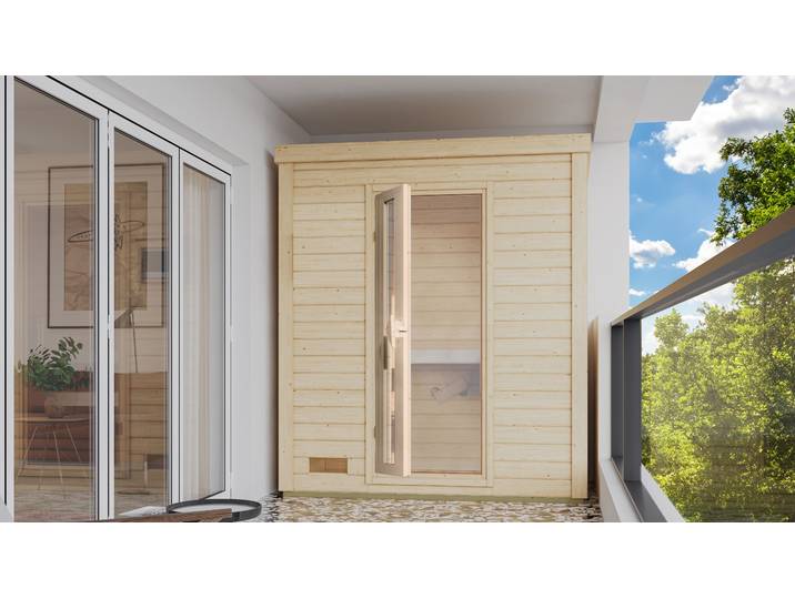 Saunahaus KONIFERA Trontheim S , beige (naturbelassen), Saunaofen, integrierte Steuerung, 3,6 kW, Saunen, Saunahaus, Plug&Play Saunaofen mit Steuerung 3,6 kW inkl. 18 Kilo Steinen