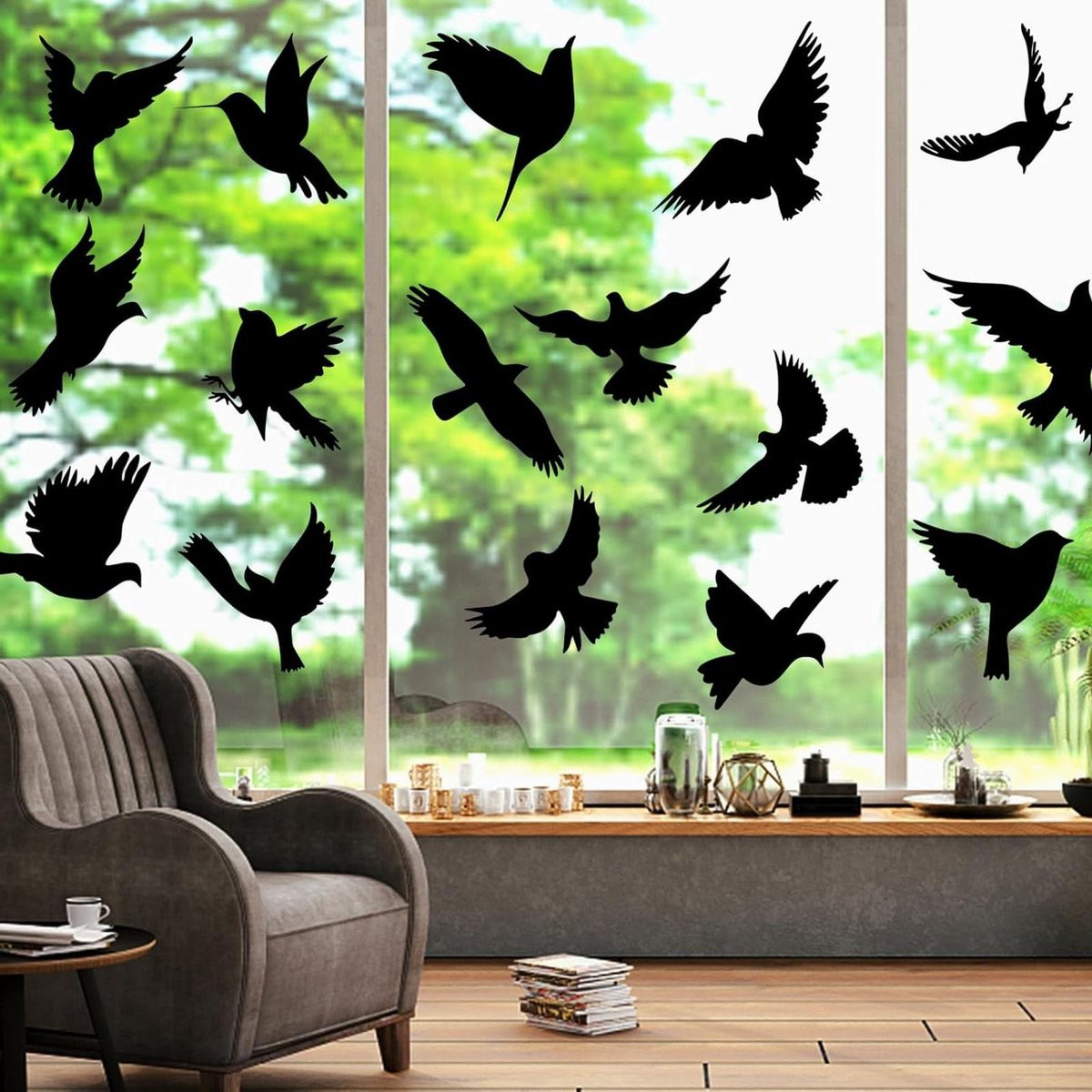 48 stuks Zwarte Vogelvorm Raamstickers voor Glasbescherming met Statische Hechting