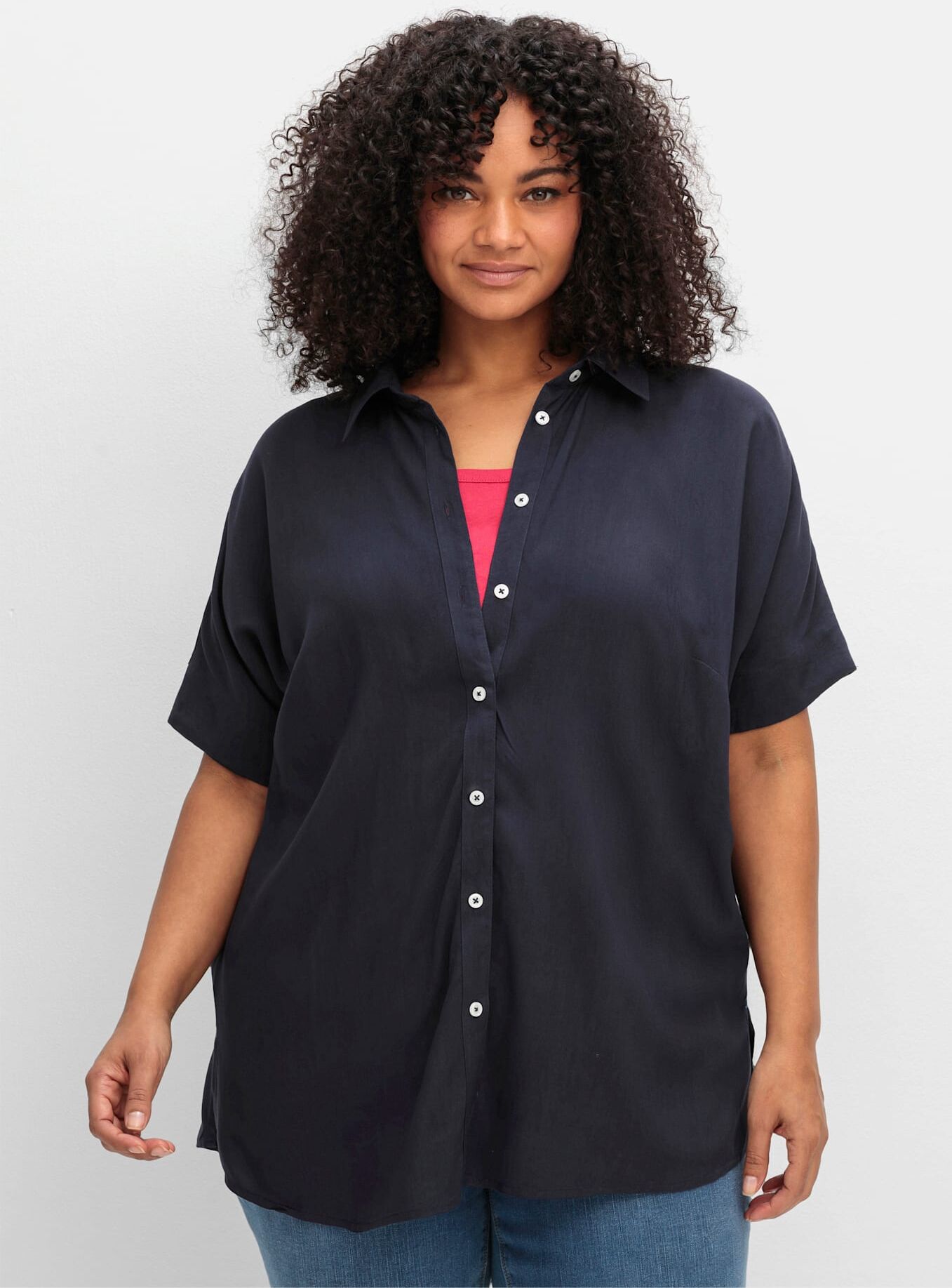 Hemdbluse SHEEGO, Damen, Gr. 44, blau (tiefblau), 100% Viskose, unifarben, Blusen Hemdbluse tiefblau 44