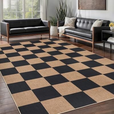 Garvee Square Checkerboard Pattern Easy Jute Area Rug