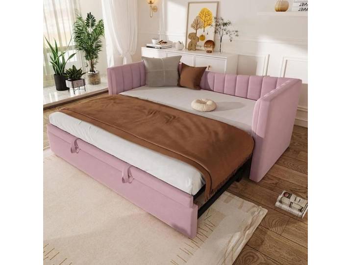 Lit daybed - KOMHTOM - Canapé convertible - 90x200 cm - Velours rose - Sommier à lattes