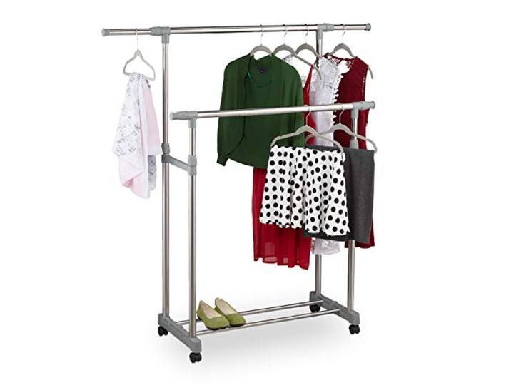 Relaxdays Portant Professionnel\, 2 tringles à vêtements\, penderie à roulettes\, réglable H 95-165 cm\, L 94-160 cm\, Argent
