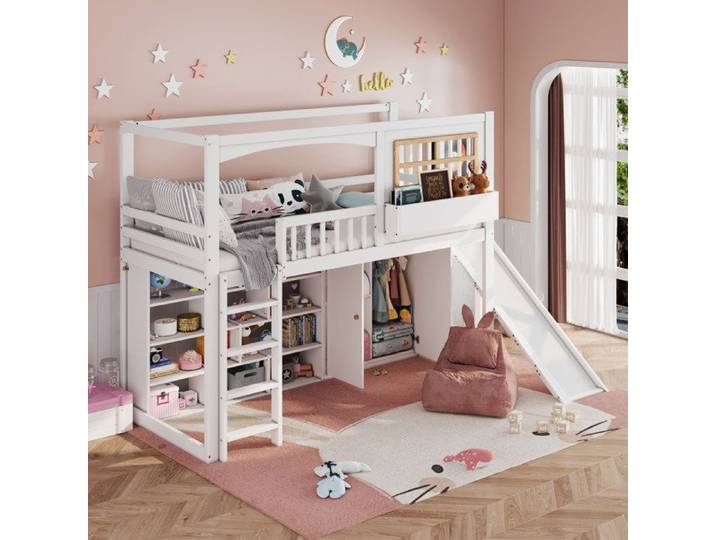 lit chambre couchage 90x200 avec toboggan rangement bois blanc EVRYAE