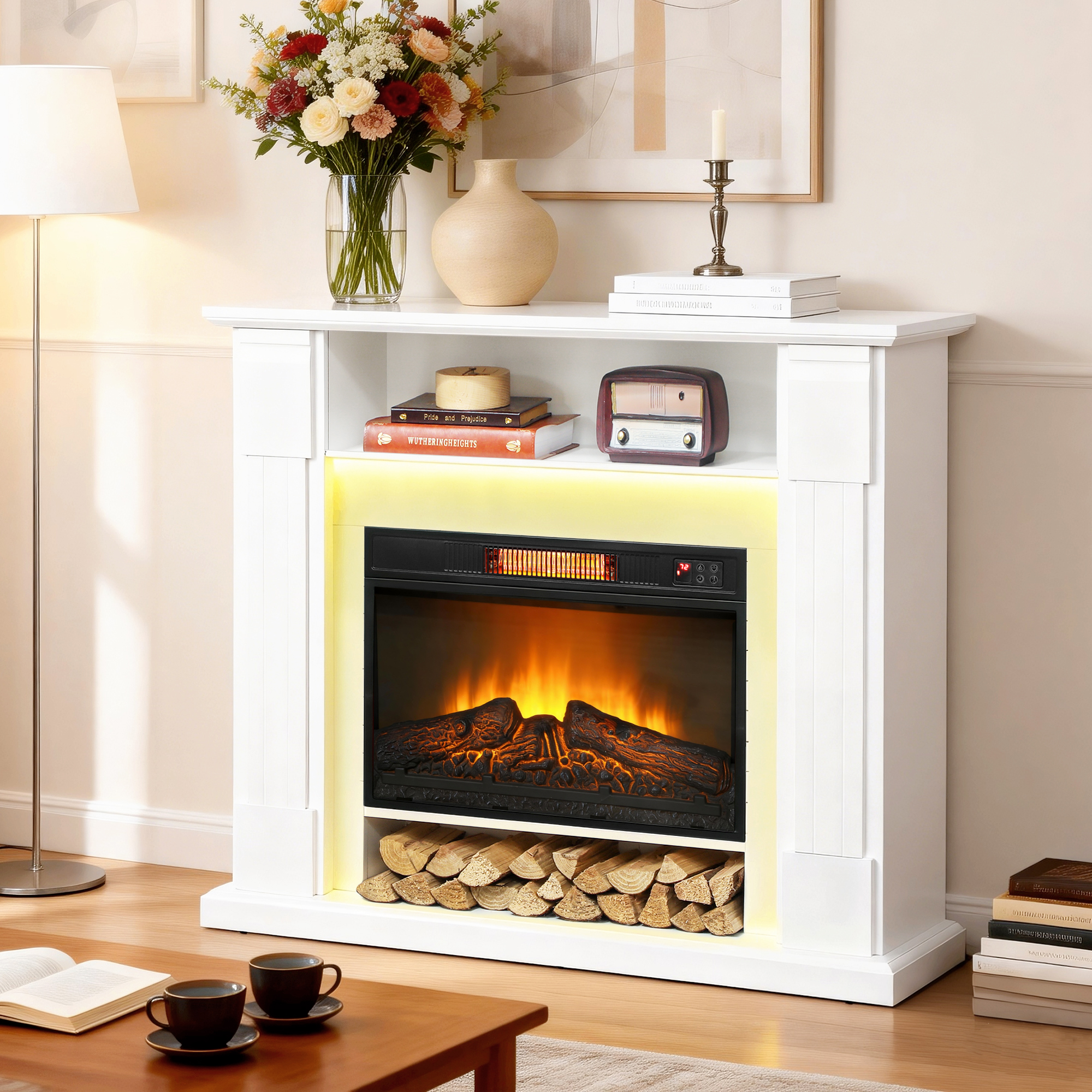 Homcom Camino Elettrico 1800W Regolabile con Fiamma 3D, Ripiano, Timer e Telecomando, 105x27x97 cm, Bianco   Aosom Italy