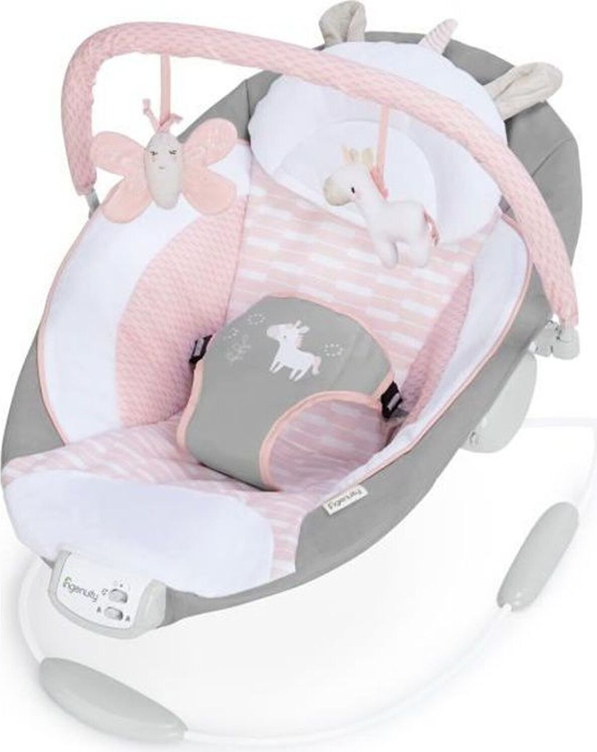 Ingenuity Baby Bouncer Flora met afneembare ontwikkelingsspeeltjes, 8 melodieën en kalmerende trillingen met verstelbaar hoofdsteuntje