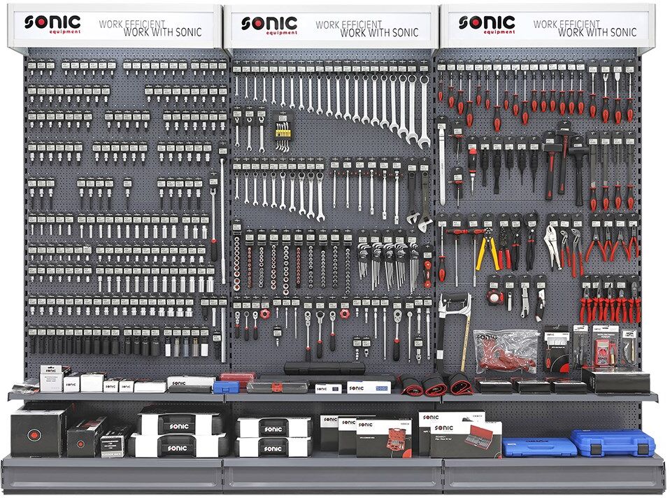 Sonic Equipment Thekendisplay Ausstellungswand 3m 374-Tlg. Nur Werkzeuge 737404