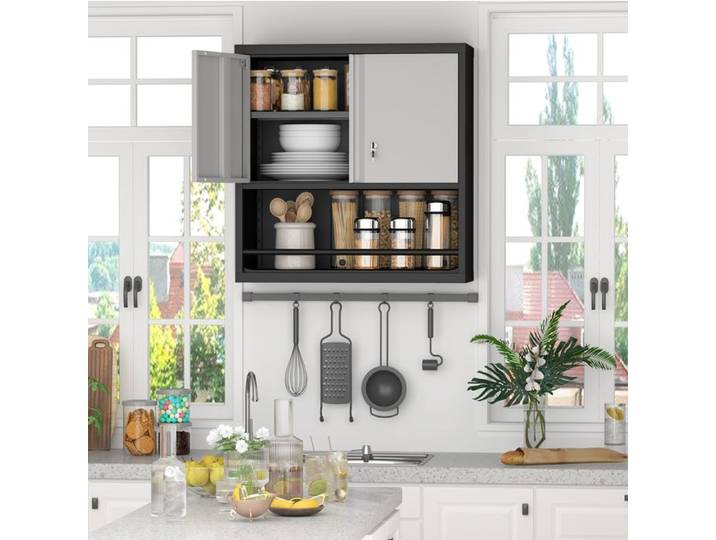 Armoire murale en métal avec 2 portes étagères réglables noire et grise pour rangement intérieur
