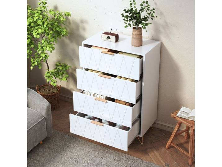 Commode 4 tiroirs Commode Chambre Meuble de Rangement pour Chambre à Coucher Salon Salle à Manger blanc