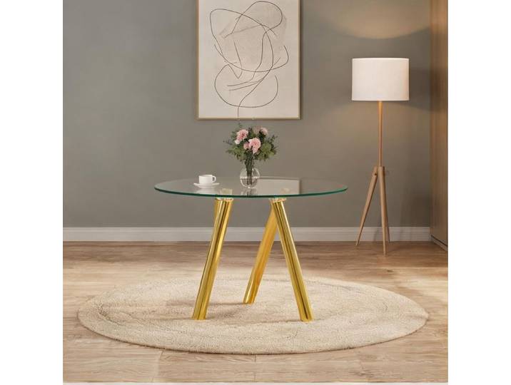 Table à manger ronde ø89 cm en verre trempé gold-tone et métal doré: élégance lumineuse pour 4 personnes