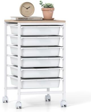 Costway 6-Drawer Rolling Storage Cart with Wooden Tabletop-White