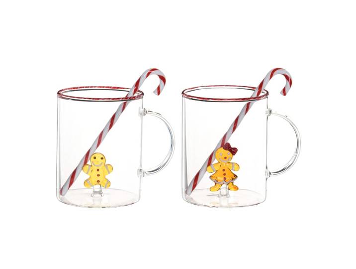 2er Set Tassen aus Borosilikatglas mit Zuckerstangen-Rührstäbchen, rot, weiß und transparent