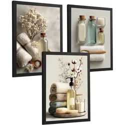 POSTER 3er-Set dekorative Badezimmer-Wandbilder und für Waschbecken, Dusche, WC mit Flaschen, Badesalz und Handtüchern, Naturstil Schwarzer Rahmen A3