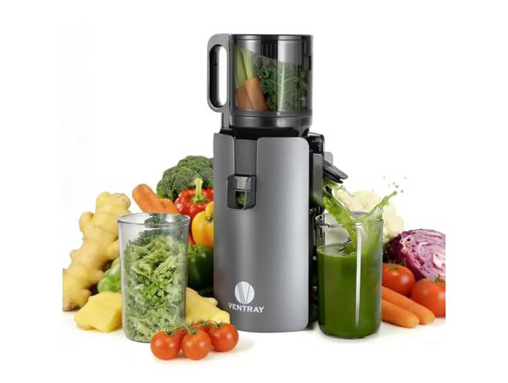 Ventray Ginnie Entsafter Slow Juicer mit 120 mm Einfüllschacht 1.2 L Füllvolumen Doppelte Filterung Zweite Pressung BPA-frei 250W Einfache Reinigung Entsafter für Ganze Gemüse und Obst