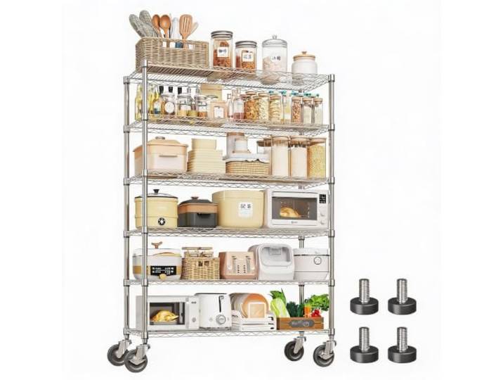 WEJIUAFB Rollregal 6 Ebenen 120x45x180cm Metallregal mit Rollen Chrom Verchromtes Steckregal mit 6 Gitterböden, stufenlos höhenverstellbar, 4 Zoll Rollen – maximale Kapazität auf wenig Fläche