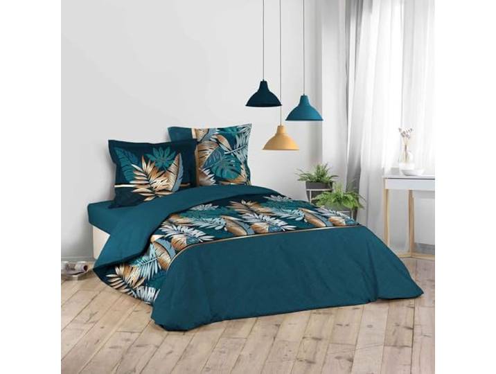 Douceur d'Intérieur\, Parure de Lit 3 Pièces (260 x 240 cm) Alianor Bleu\, 100% Coton