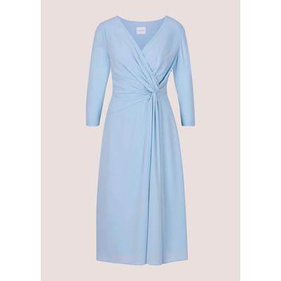 Midikleid MADELEINE "Wickelkleid Midikleid mit eleganter Drapierung", Damen, Gr. 44, N-Gr, blau (himmelblau), Obermaterial: 61% Acetat CA. 39% Polyester PES., Modern, schmal, V-Ausschnitt, Kleider Midikleid, Kleid in Wickeloptik