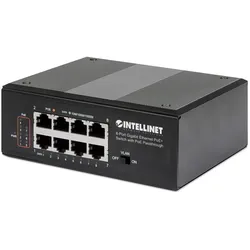 Intellinet 8-Port PoE+ Gigabit Switch mit PoE-Passthrough, Ein PD PoE-Port mit 95 W Eingangsstrom, sieben PSE PoE-Ports, PoE-Strombudget bis zu 120 W, IEEE 802.3at/af-konform, DIN-Hutschienenmontage