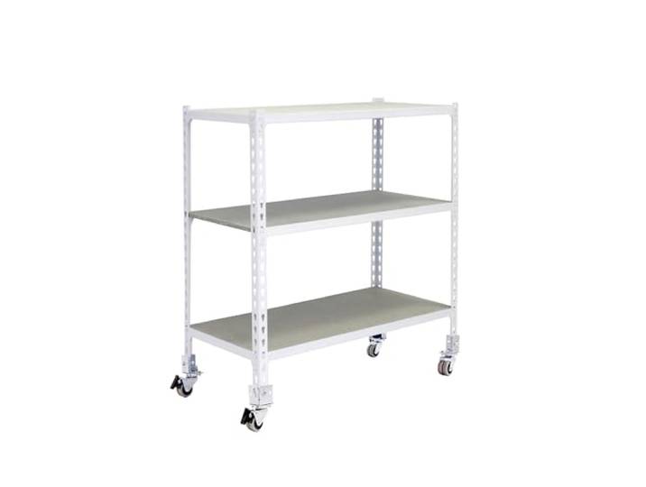 Simon Rack Metallregal mit Rollen 975x1000x400 mm - Maderclick 3 Höhen, Holzablage, Biegepunkt 75 kg, Korrosionsschutzlackierung, Klicksystem-Montage, Weiss