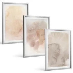 BILDER SET 3er Set - 40x60 cm Silberner Rahmen - Warme Aquarell-Pastelltexturen