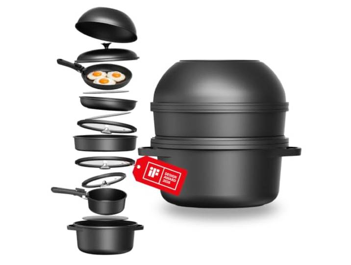 CuliStack Topfset Induktion 16-teilig, Töpfe, stapelbar, abnehmbarer Griff platzsparend, Antihaft Kochtopf Set und Pfannenset für Induktion und Ceranfeld