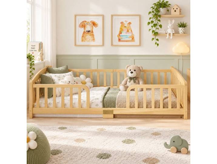 Lit enfant 90x200 cm BoisNaturel lit enfant au sol avec Barrière de sécurité et sommier