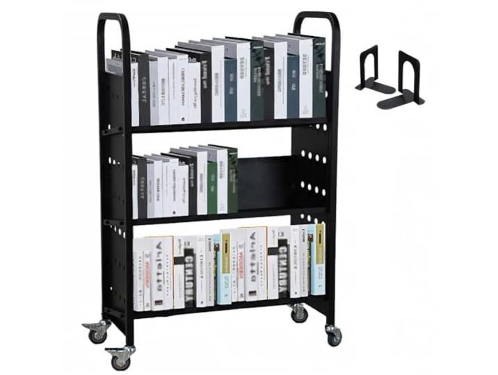 Garvee Bücherwagen, V, 3 Regale, feststellbare Räder, mobiles Regal mit 90 kg, ideal für Büro, Schule, Klassenzimmer und Buchhandlung, Schwarz