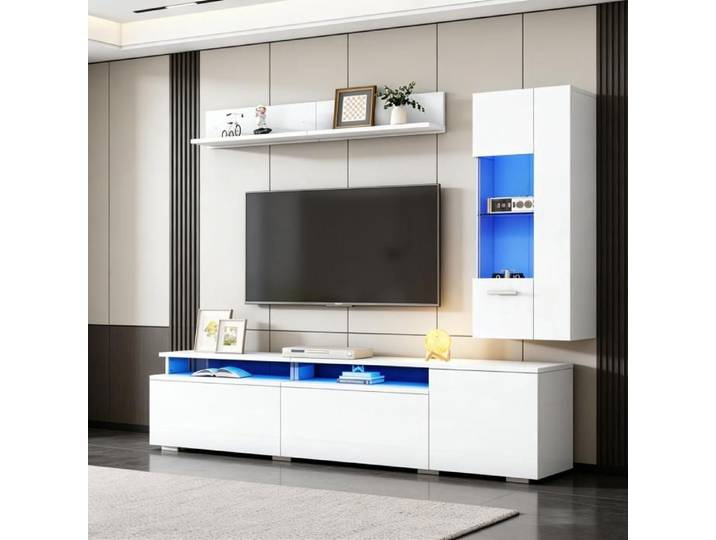 Set Meuble TV 3 Pièces – Blanc Brillant – LED – Pour TV 80  – Vitrine + Étagère