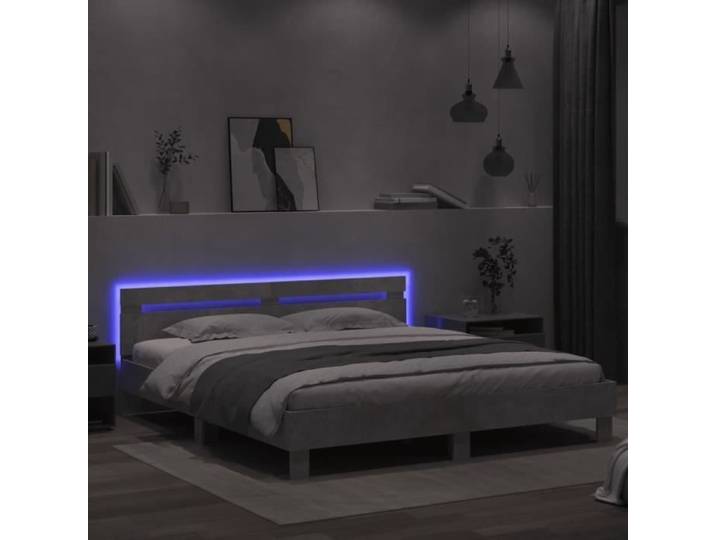 Cadre de lit - MOTHINESSTO - 200x200 cm - Gris béton - Tête de lit LED - Montage nécessaire