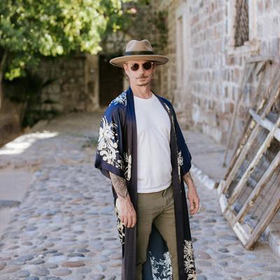 KIM + ONO Yuri Washable Silk Men's Long Kimono Robe - Dark Blue - midnight / one size
