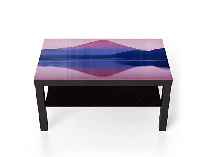DEQORI Glastisch schwarz groß 90x50 cm Motiv See Motosu und Mt. Fuji ausgefallener Beistelltisch aus Glas Hochglanz Couchtisch fürs Wohnzimmer moderner Couch Tisch mit Design