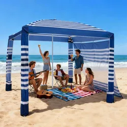 VEVOR Strand-Cabana, 2,4 x 2,4 m Strandüberdachung mit Seitenwand, UPF 50+ Sonnenschutz, Cabana mit Sandsäcken, höhenverstellbarer & tragbarer Sonnenschutz für Familie, marineblaue Streifen