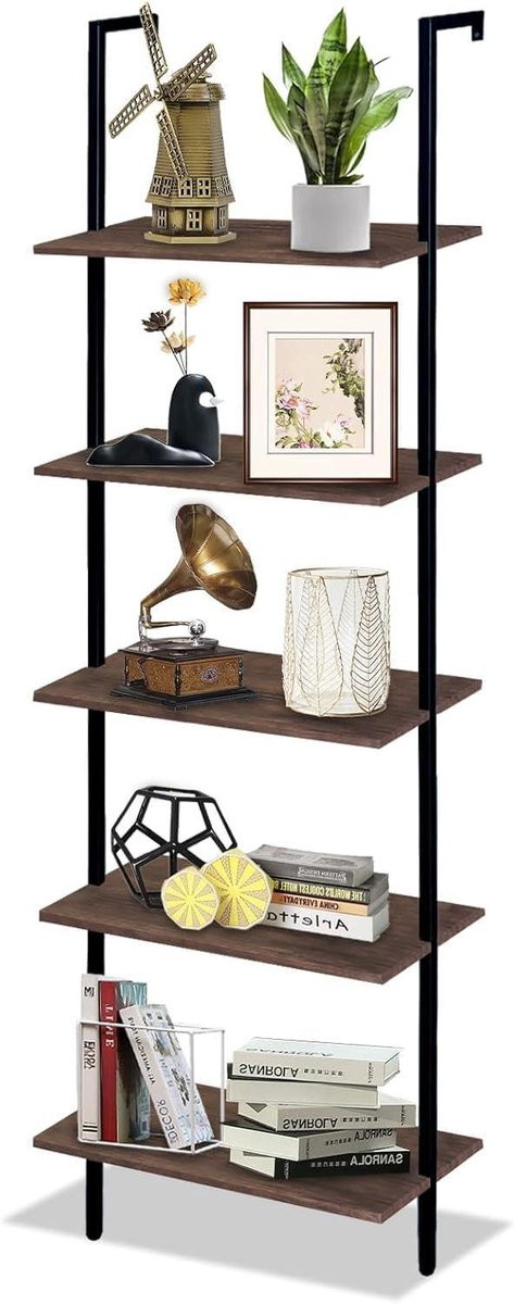 Industriële ladderplank wandmontage, 5-laags boekenplank opbergrek, Bruin, Hoogte: 183 cm