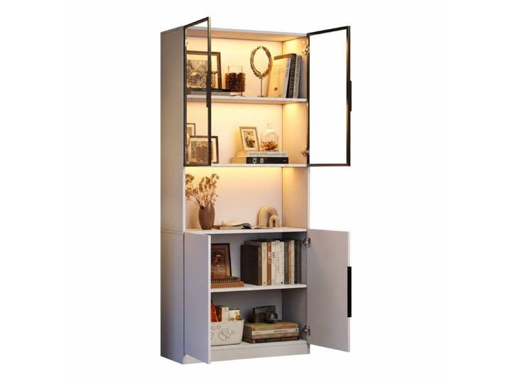 Vitrine moderne minimaliste avec portes en verre bibliothèque pour objets de collection LED réglable Blanc 80x30x200cm
