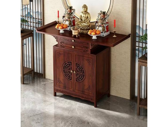 Altartisch aus Holz für Buddha‑Statue, Altar‑Schrank mit Stauraum Gebetsmöbel für Zuhause, mit 2 Schubladen, traditioneller Stil, ideal für Meditation, Wohn‑ und Gebetsraum