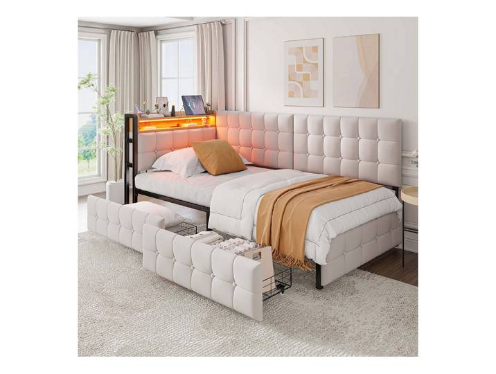 KLAM HOME Schlafsofa 90 X 200cm Gepolstertes Schlafsofa mit USB- und Typ-C-Anschluss, multifunktionales Kinder-Bootsbett, Schlafsofa Einzelbett Beige