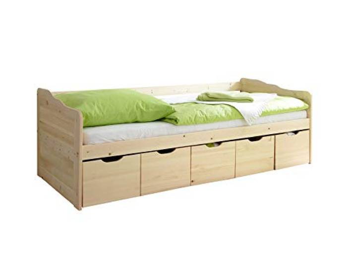 TiCAA Einzelbett Sofabett Funktionsbett, Maria mit Schubkasten für Schlafzimmer, Kinderzimmer Kiefer Massivholz Bettgestell 90 x 200 cm