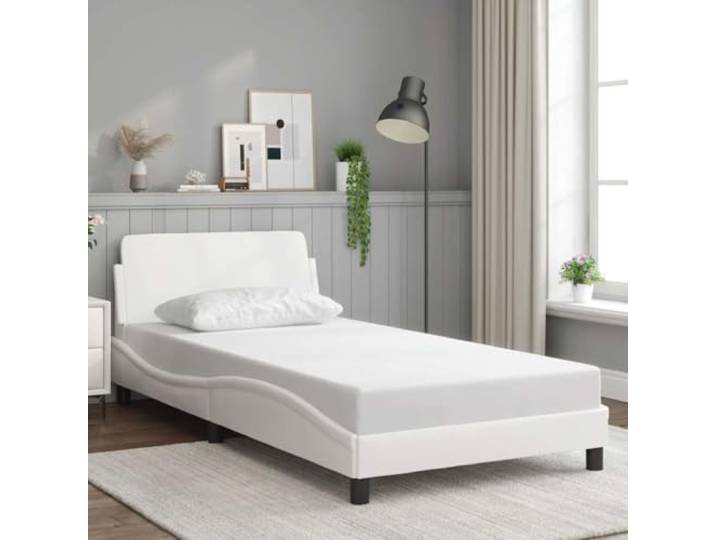 Kunstleder Bettgestell mit Kopfteil Schlafzimmer Dover Weiß 100x200 cm Bettgestell Dover Weiß 100x200 cm Kunstleder mit Kopfteil und Lattenrost Stabiles Metallbett Polsterbett für Schlafzimmer