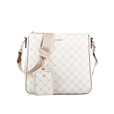 Umhängetasche JOOP "cortina 1.0 jasmina shoulderbag mvz", Damen, Gr. B/H/T: 25cm x 25cm x 6cm, weiß (sanftes weiß), Lederimitat, bedruckt, Taschen Umhängetasche, Damen Schultertasche, mit typischem Musterdruck