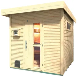 Weka Blockbohlen Saunahaus Kuopio - 45 mm Blockbohlen naturbelassen Inkl. schmalem Fenster 9 kW Bio Saunaofen BioS inkl. Dampfbadfunktion mit Ofenschutz, Anschlusskabel, analoger Steuerung
