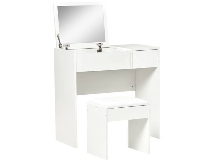 FSX Coiffeuse Maquillage Miroir Pliable Tabouret Rangement 4 Cases MDF 80x40x79cm Blanc