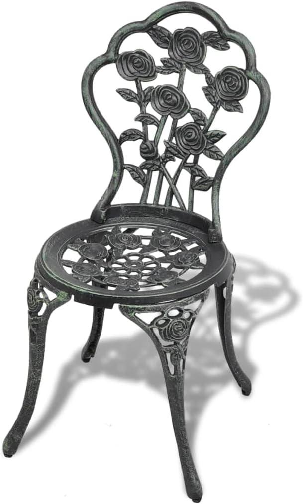 2er-Set Bistrostühle aus grünem Aluminiumguss mit floralem Nachbildung für Terrasse und Garten, mit stabilen gusseisernen Beinen, belastbar bis 110 kg je Stuhl