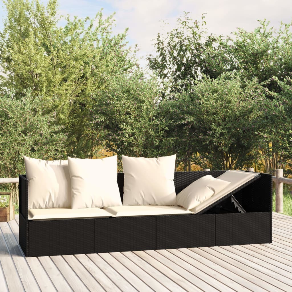 The Living Store Outdoor-Loungebett mit Kissen Schwarz Poly Rattan