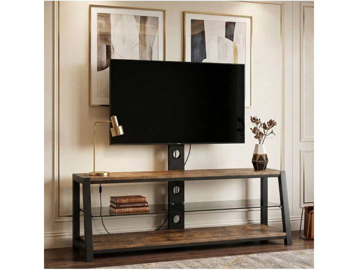Meuble TV AESVAR en bois support TV réglable en hauteur pivotant 30° marron métal noir et verre trempé