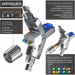 Primewire 4x Netzwerkstecker feldkonfektionierbar RJ45 CAT 8, Steckverbinder CAT8 für LAN Kabel Netzwerkkabel (Netzwerkkabel Stecker), Zubehör Netzwerk