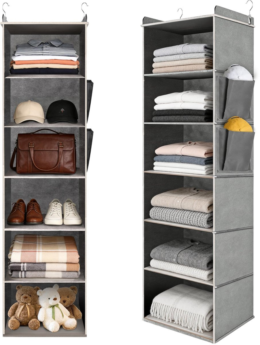SnelShoppen Garderobe-organizer met 6 vakken, hangende kastorganizer in grijs voor kleding, accessoires en schoenen