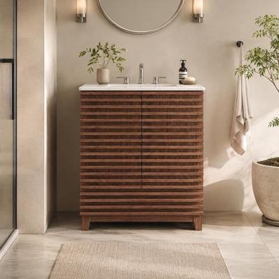 GREATPLANINC 30 Inch Fluted Doors Bathroom Vanity with Ceramic Sink