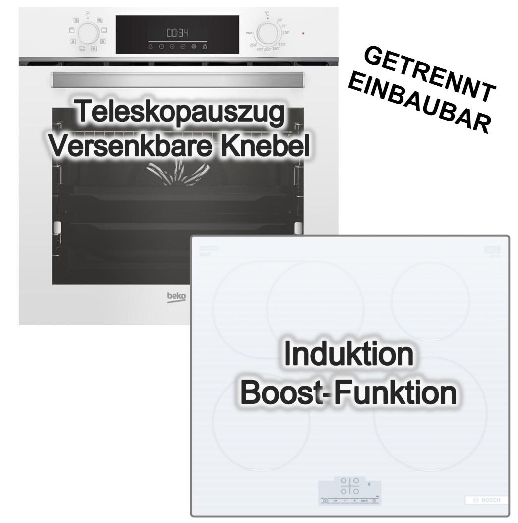 Herdset weiss Beko Einbaubackofen SteamShine Teleskopauszug+ Bosch Induktionskochfeld Bräterzone Booster Touch